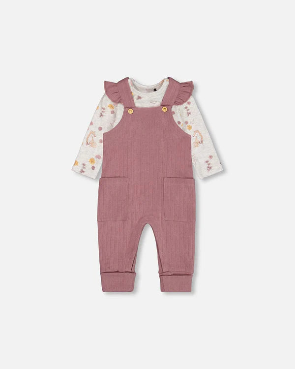 Printed Organic Cotton Onesie And Pointelle Overall Set Woodrose