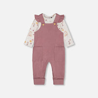 Printed Organic Cotton Onesie And Pointelle Overall Set Woodrose