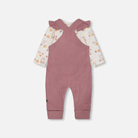 Printed Organic Cotton Onesie And Pointelle Overall Set Woodrose