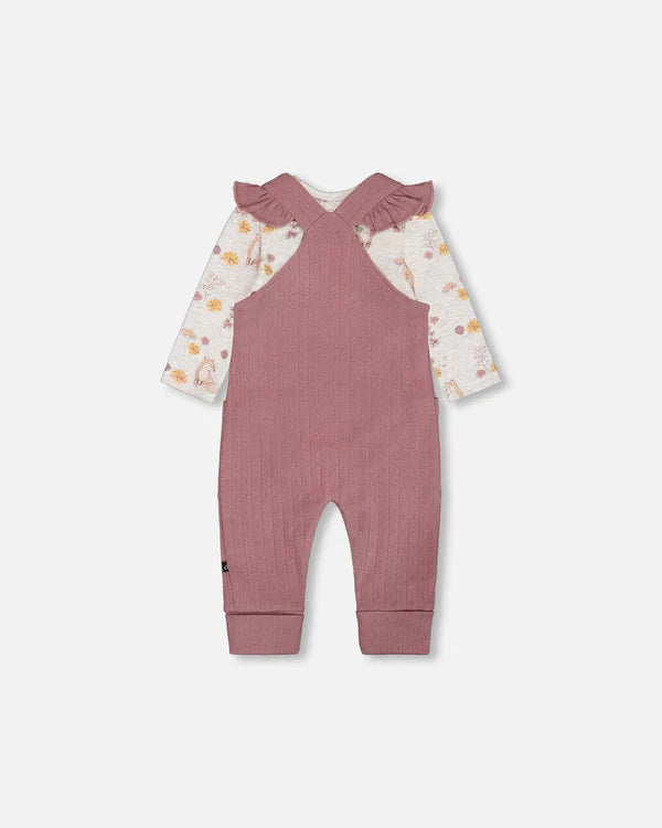 Printed Organic Cotton Onesie And Pointelle Overall Set Woodrose