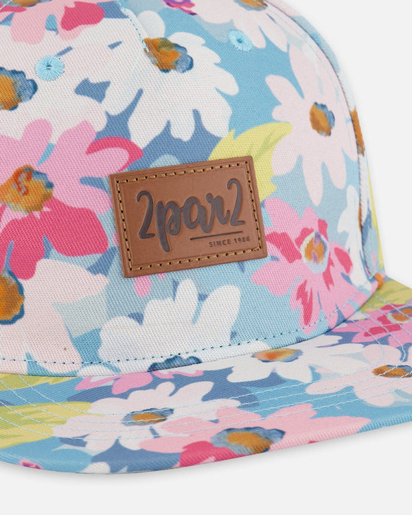 Printed Cap White, Pink, And Green Flowers