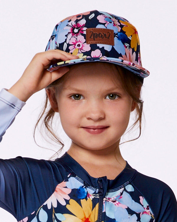 Printed Cap Navy And Yellow And Pink Flowers