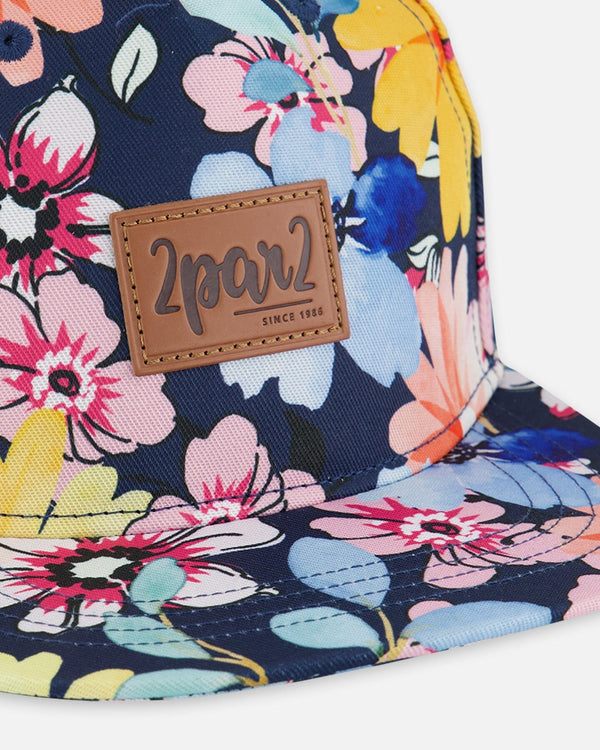 Printed Cap Navy And Yellow And Pink Flowers