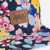 Printed Cap Navy And Yellow And Pink Flowers