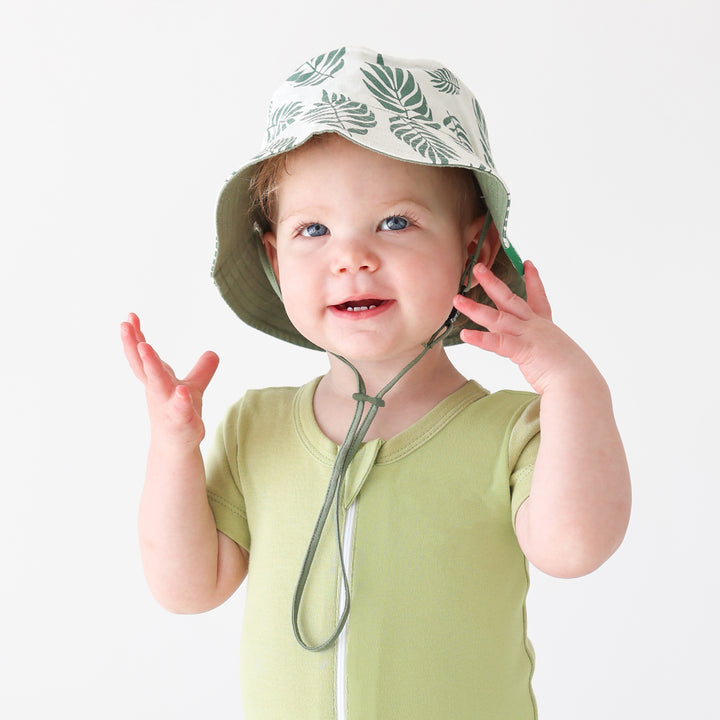 Reversible Organic Cotton Bucket Hat | Palm Leaves and Camper Green