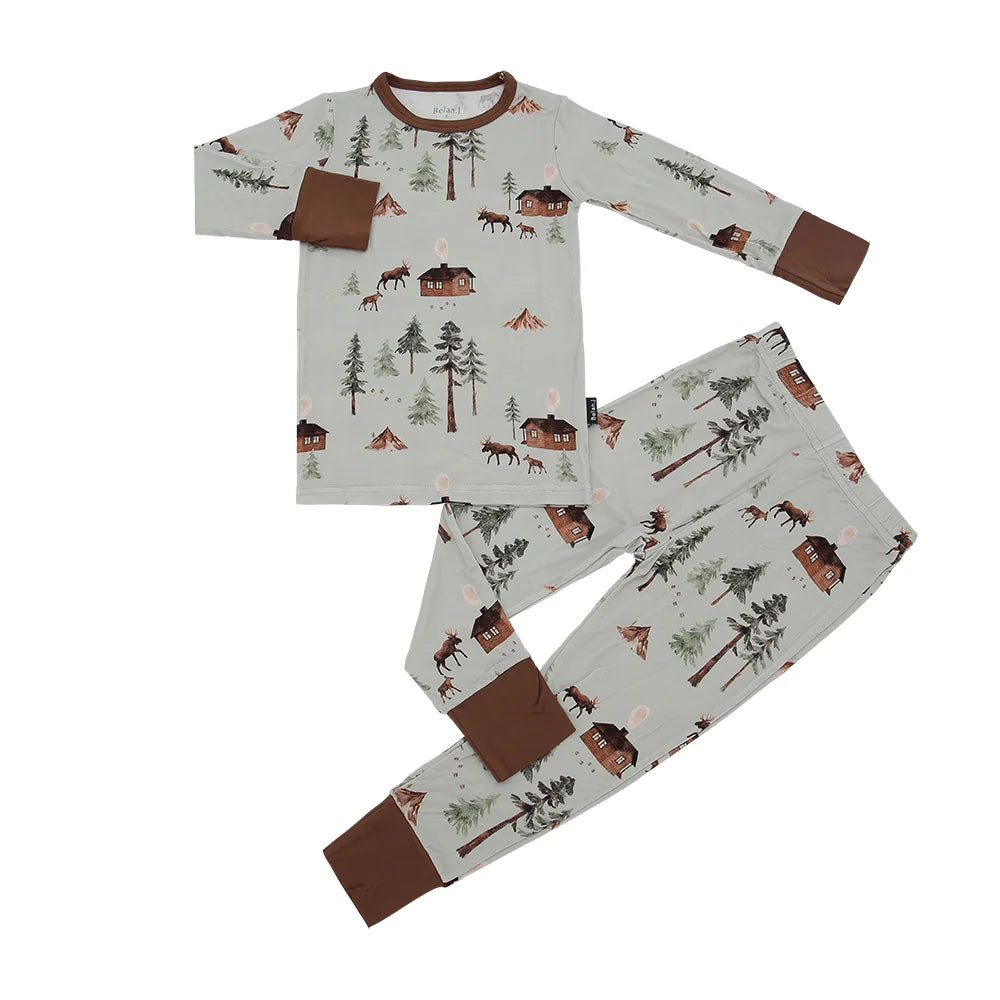 Long Sleeve PJ Set - Moose on Green