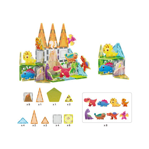 Magnet Tiles Building Blocks Dinosaur Theme Set with 8 Magnetized Action Figures - PTQ13