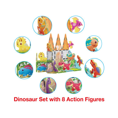 Magnet Tiles Building Blocks Dinosaur Theme Set with 8 Magnetized Action Figures - PTQ13