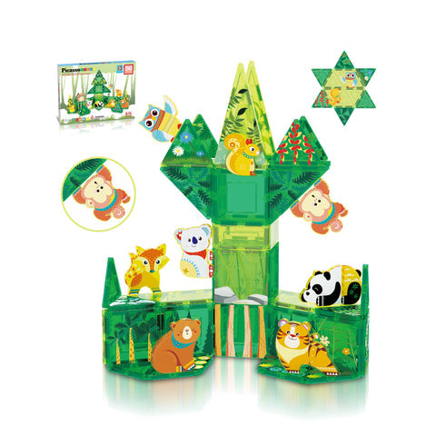 Magnet Tile Building Blocks Forest Animal Theme Toy Set with 8 Character Action Figures