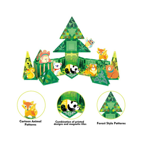 Magnet Tile Building Blocks Forest Animal Theme Toy Set with 8 Character Action Figures