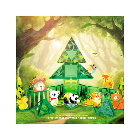 Magnet Tile Building Blocks Forest Animal Theme Toy Set with 8 Character Action Figures