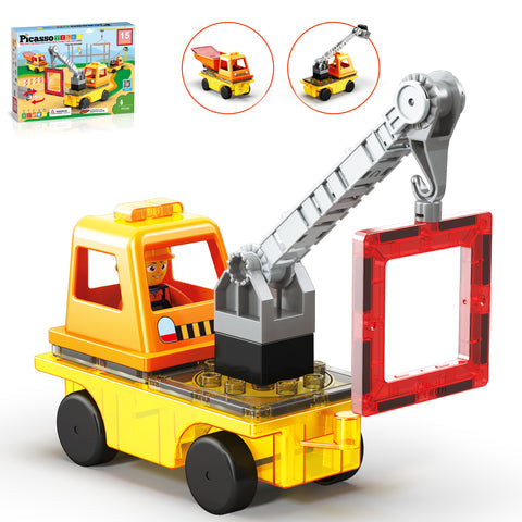 Magnet Tile Building Blocks 3-in-1 Crane, Dump Truck, and Ladder Construction Vehicle