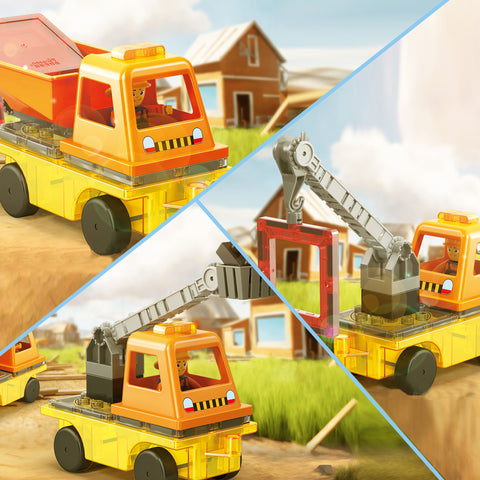 Magnet Tile Building Blocks 3-in-1 Crane, Dump Truck, and Ladder Construction Vehicle