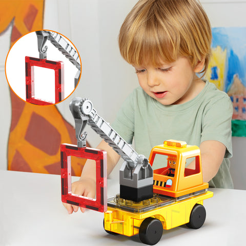 Magnet Tile Building Blocks 3-in-1 Crane, Dump Truck, and Ladder Construction Vehicle