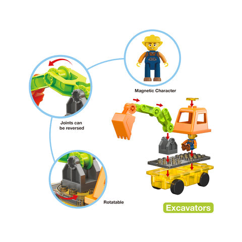 Magnet Tiles Building Block 2in1 Excavator & Backhoe Brick Playset