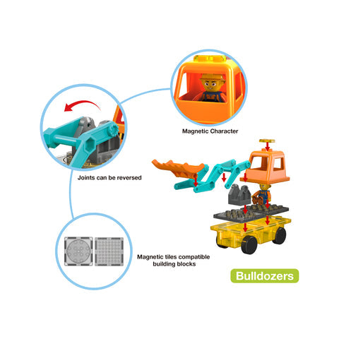 Magnet Tiles Building Block 2in1 Excavator & Backhoe Brick Playset