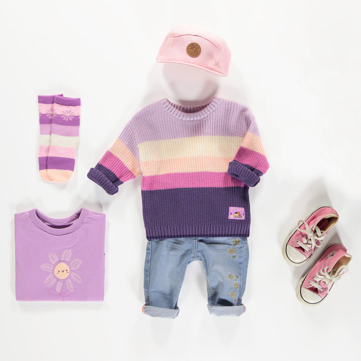 PURPLE, CREAM AND PEACH LONG SLEEVES RIB KNIT SWEATER, BABY