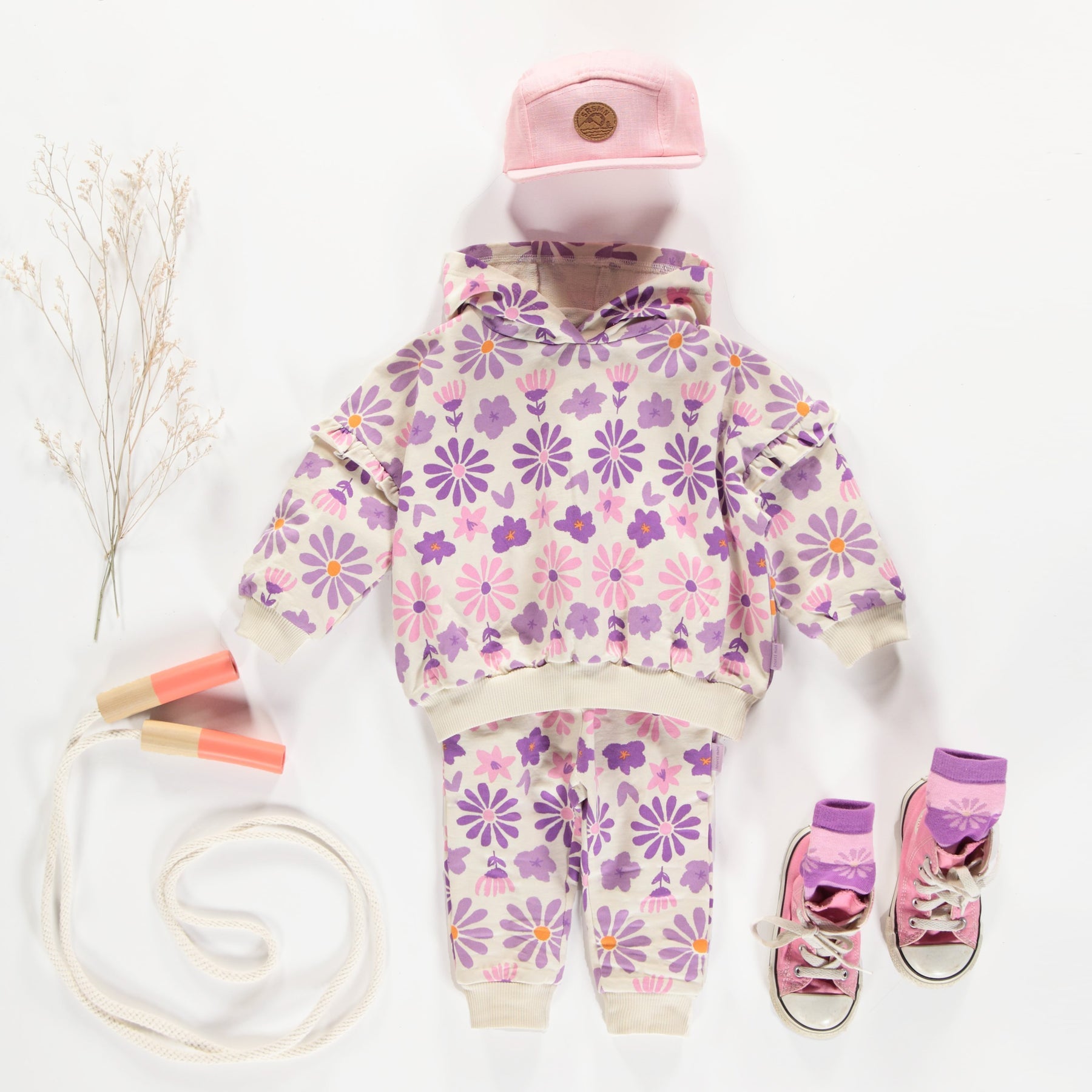 CREAM HOODIE WITH PURPLE FLORAL PRINT FRENCH TERRY