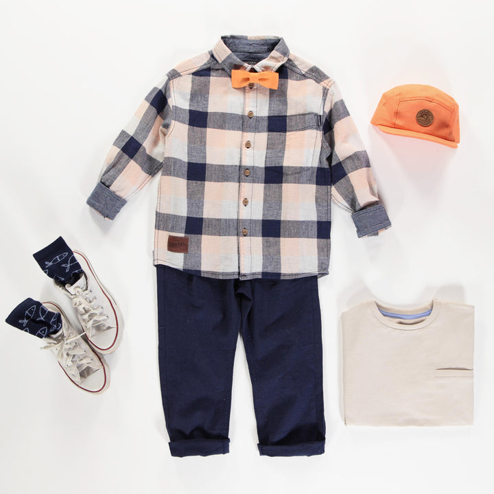 ORANGE AND NAVY PLAID LONG SLEEVES SHIRT LINEN COTTON, CHILD