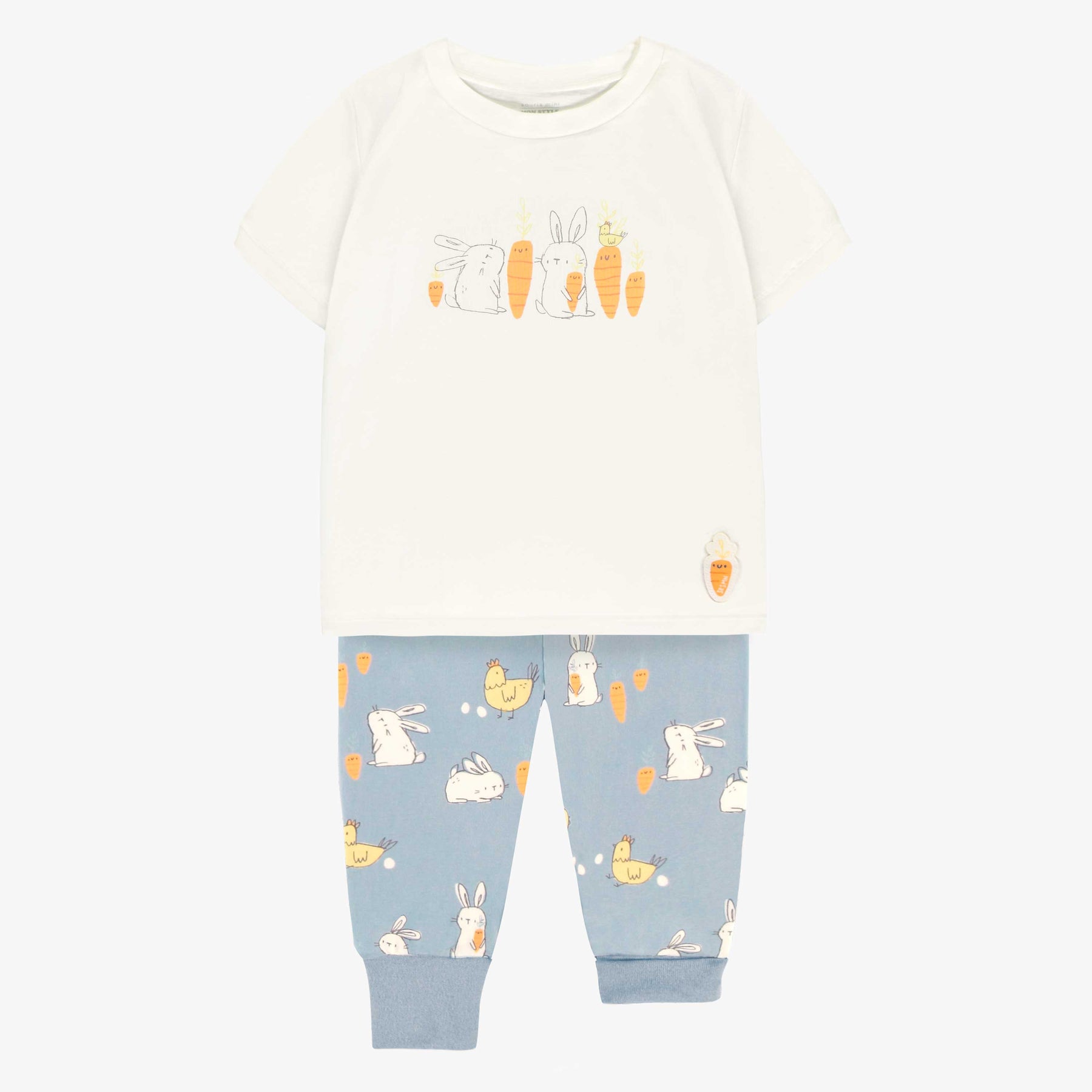 CREAM AND BLUE TWO-PIECES PAJAMA WITH BUNNIES CHICKENS PRINT, BABY