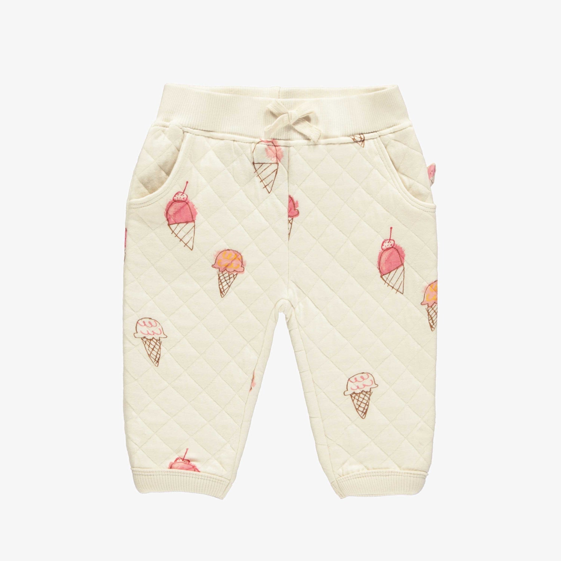 CREAM COLORED QUILTED JERSEY PANTS WITH ICE PRINT, BABY