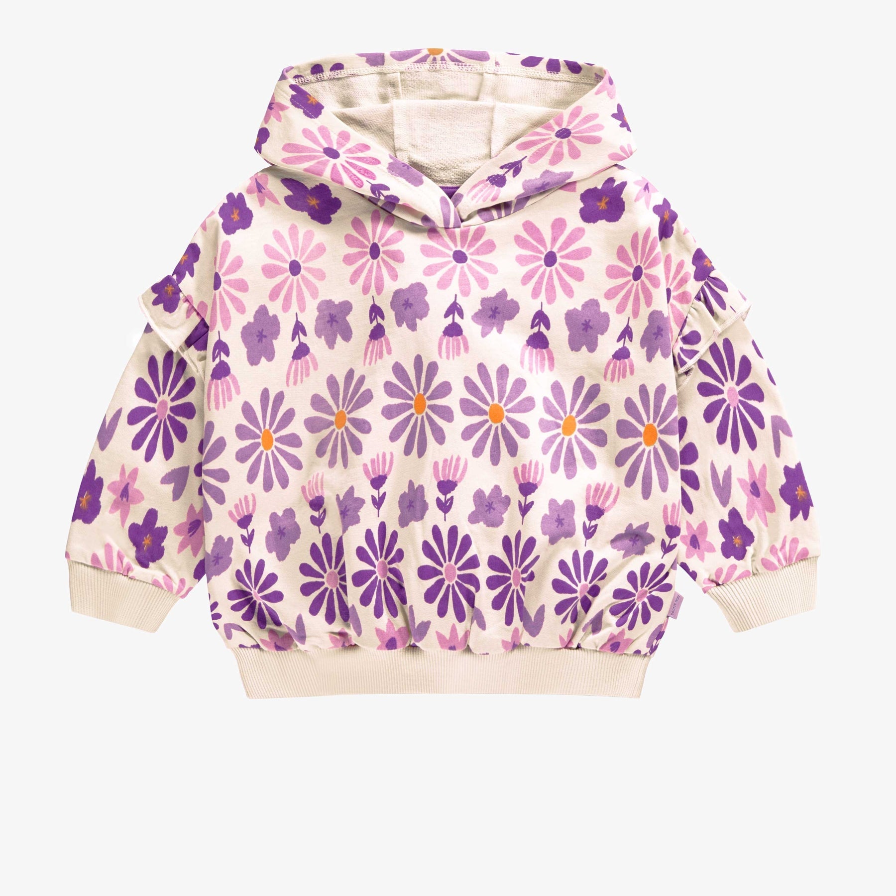 CREAM HOODIE WITH PURPLE FLORAL PRINT FRENCH TERRY