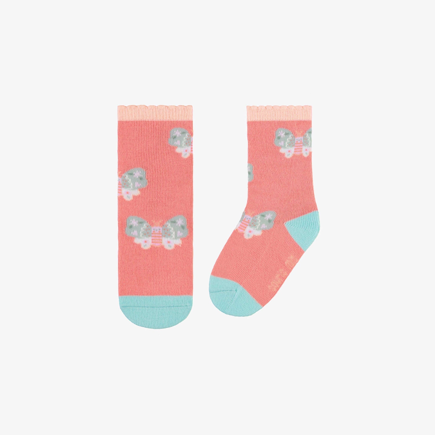 CORAL SOCKS WITH BLUE BUTTERFLIES, BABY