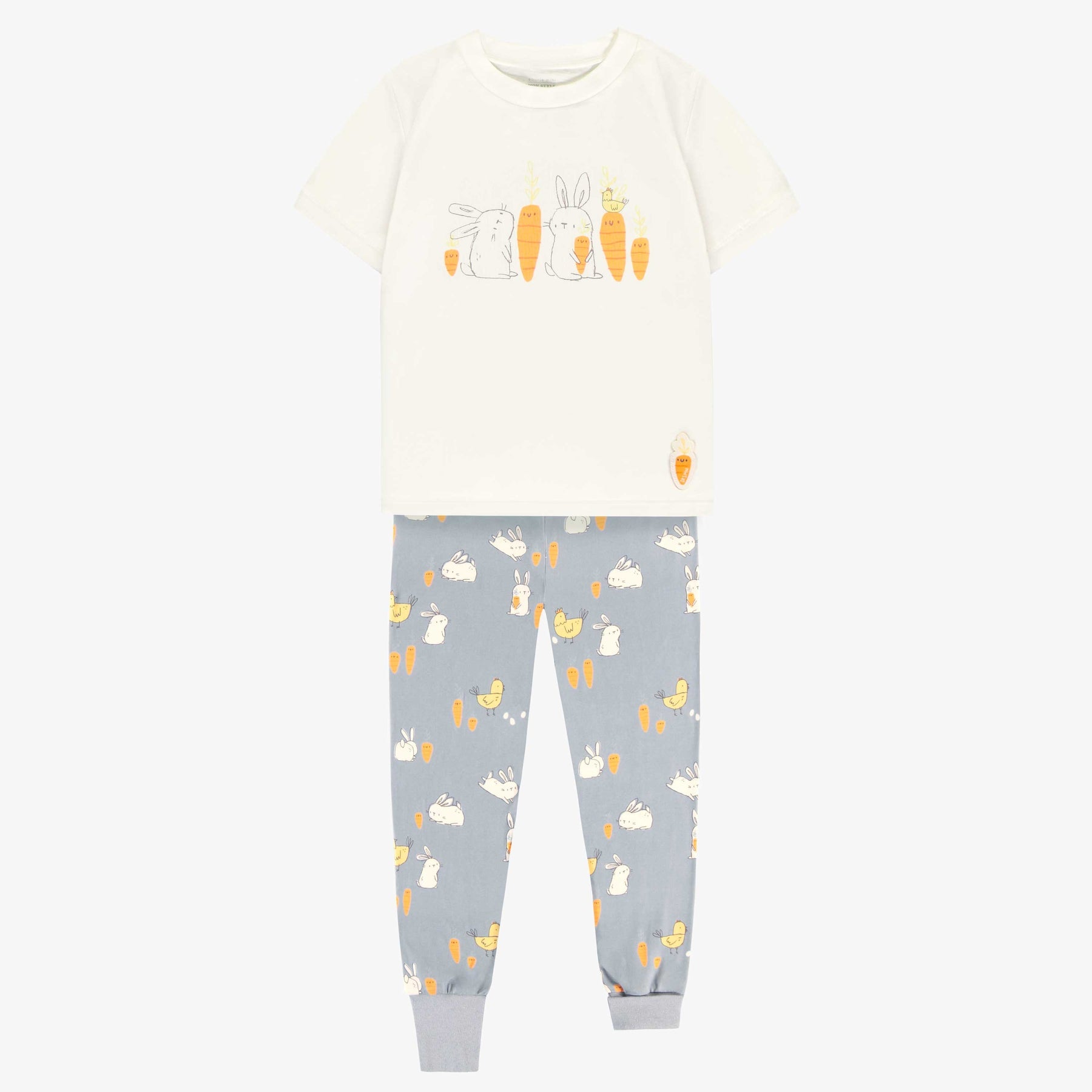 CREAM AND BLUE TWO-PIECES PAJAMA WITH BUNNIES CHICKENS PRINT, CHILD