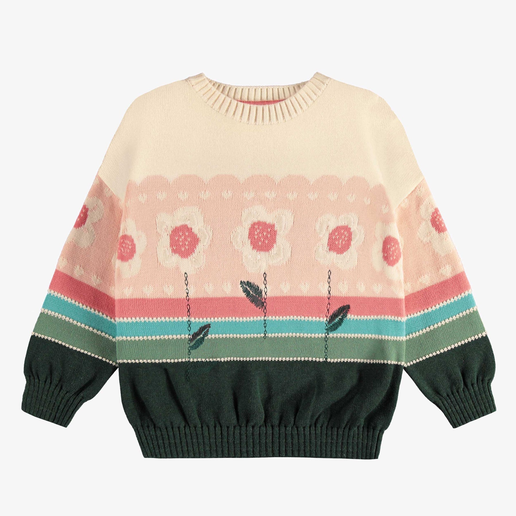 LONG SLEEVES KNITTED SWEATER GREEN, CREAM AND CORAL FLORAL JACQUARD PATTERN, CHILD