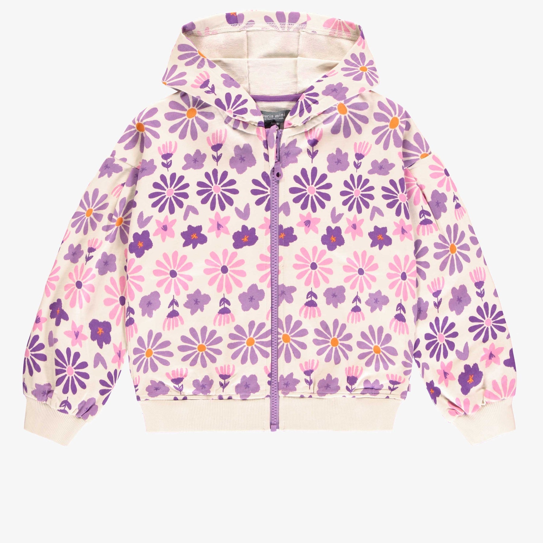 CREAM HOODIE WITH PURPLE FLORAL PRINT FRENCH TERRY