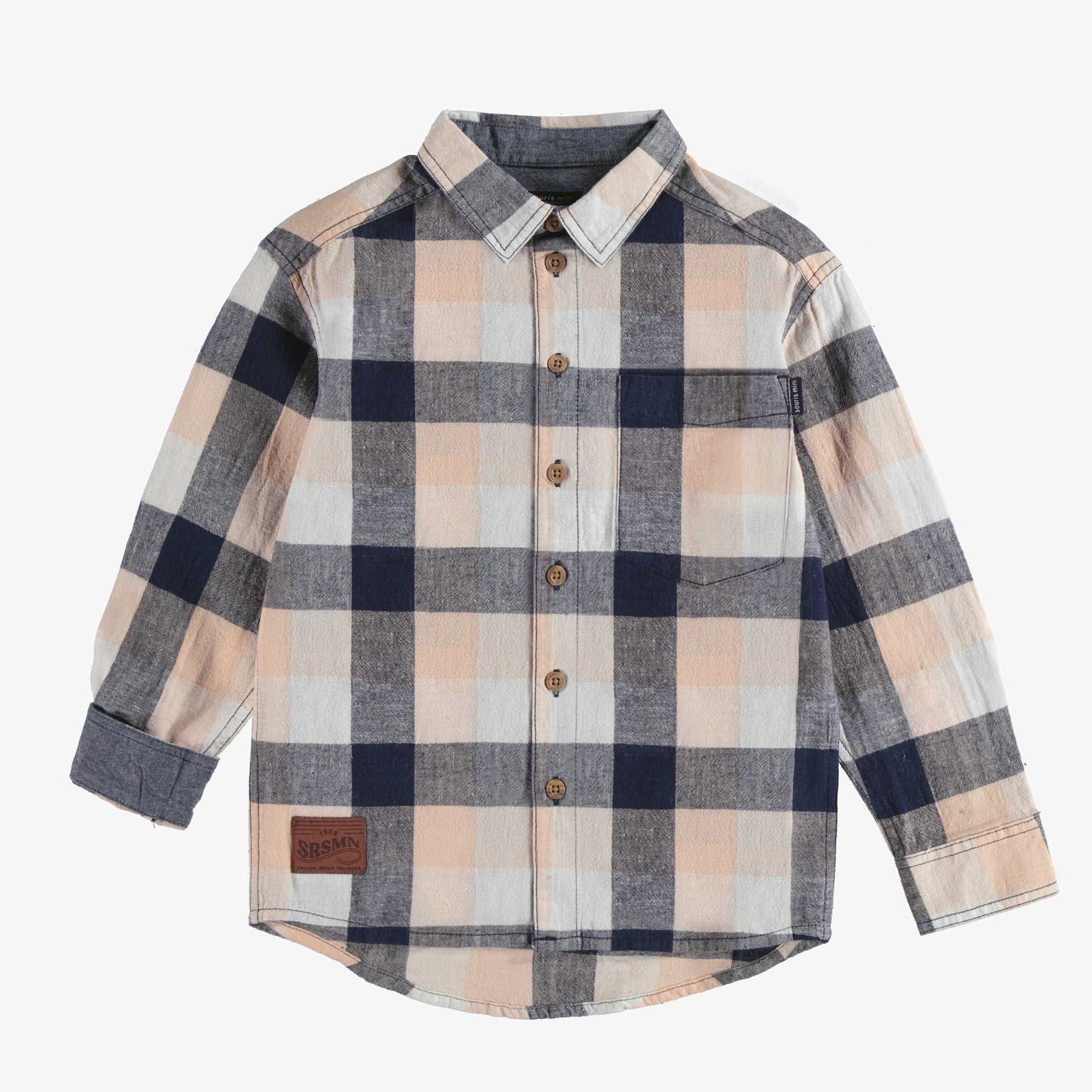 ORANGE AND NAVY PLAID LONG SLEEVES SHIRT LINEN COTTON, CHILD