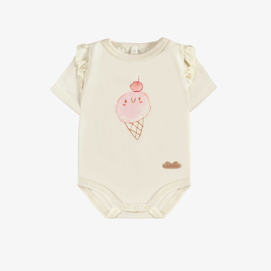 CREAM BODYSUIT WITH ILLUSTRATION AND RUFFLE IN ORGANIC COTTON, NEWBORN