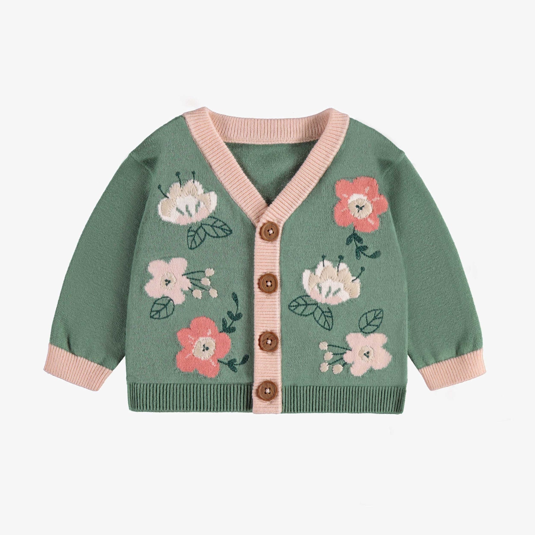 GREEN LONG SLEEVES KNITTED CARDIGAN WITH FLOWER JACQUARD PATTERN, NEWBORN