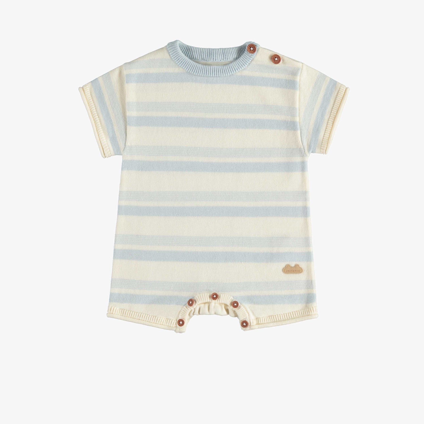 KNITTED ONE-PIECE WITH BABY BLUE AND CREAM STRIPES, NEWBORN