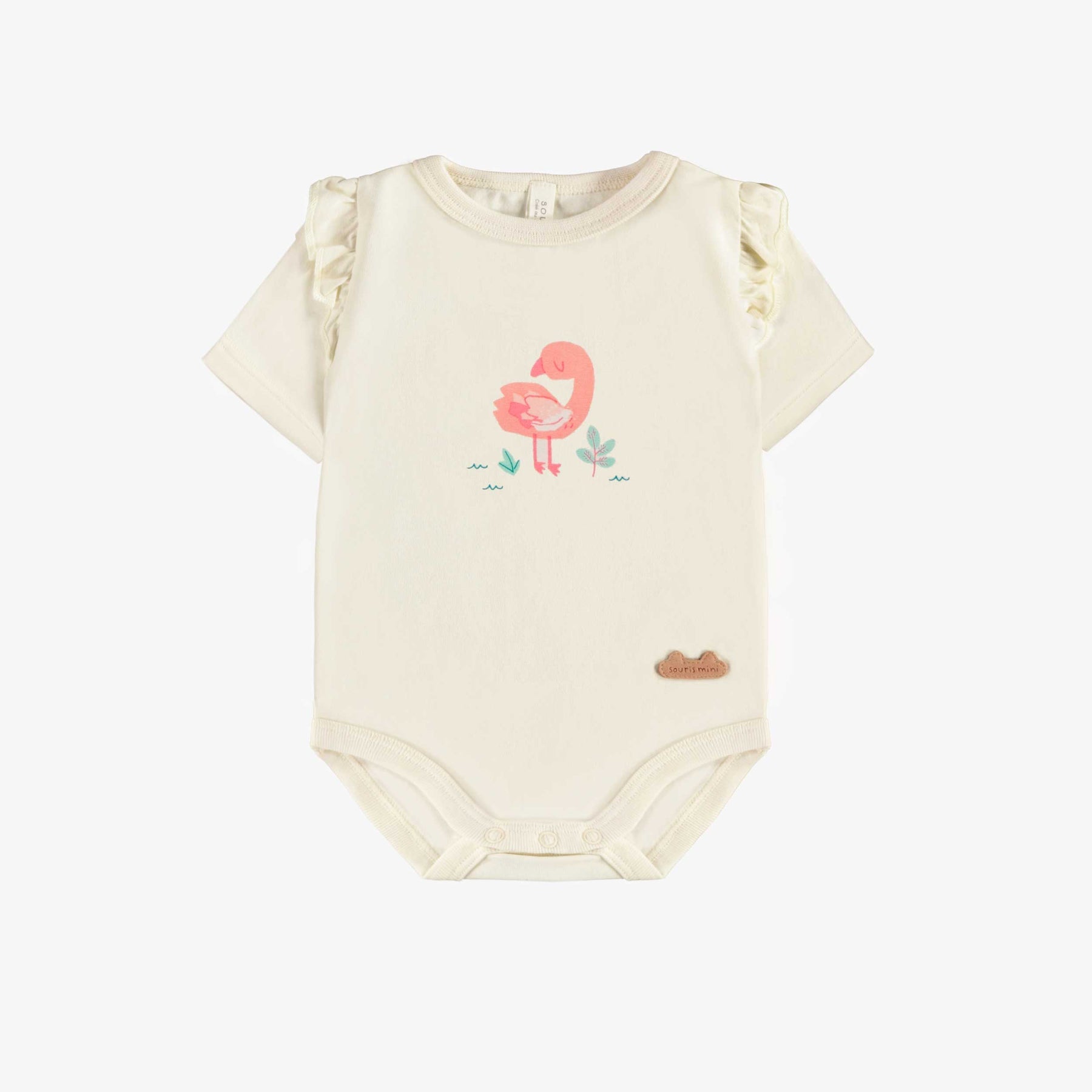 CREAM BODYSUIT STRETCH JERSEY WITH A FLAMINGO, NEWBORN