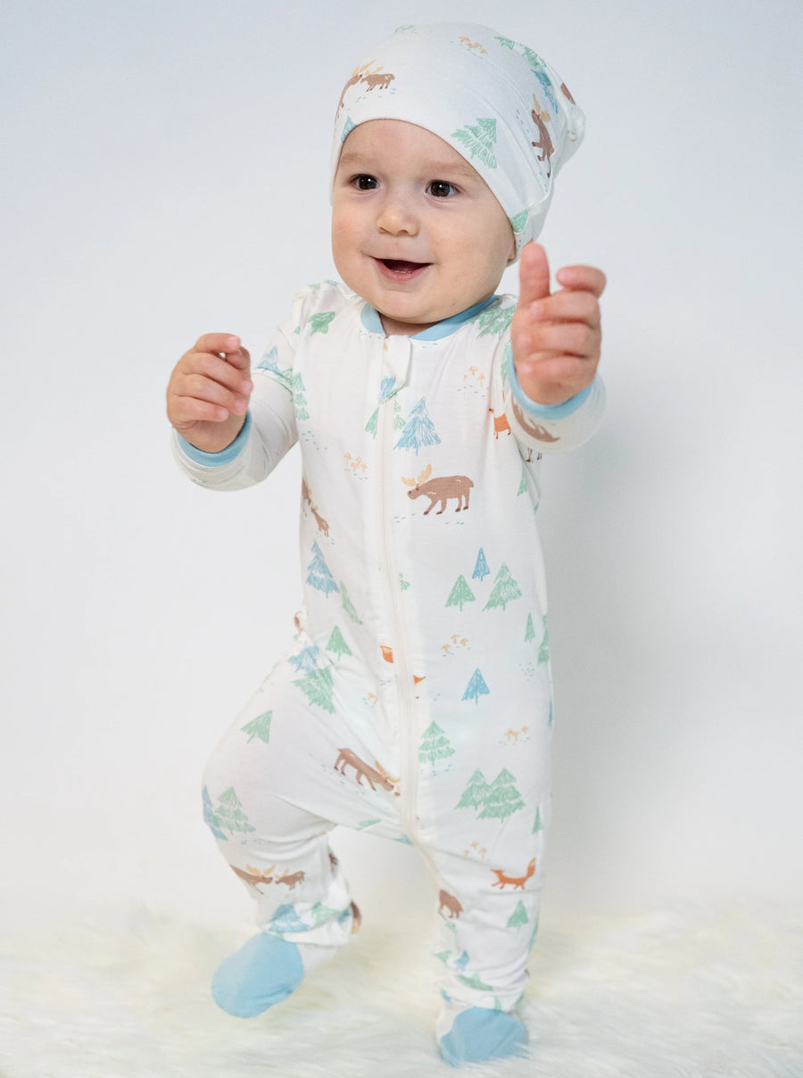 Bamboo Footies with Two Way Zipper (Moose Woods Print)