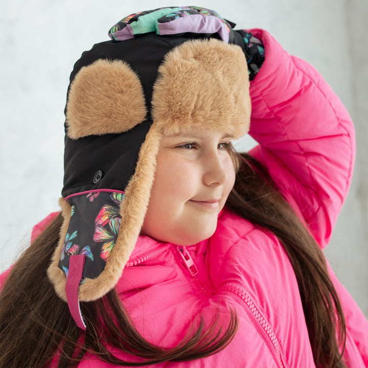 Floral Tie Dye Black Faux Fur Trapper Hat