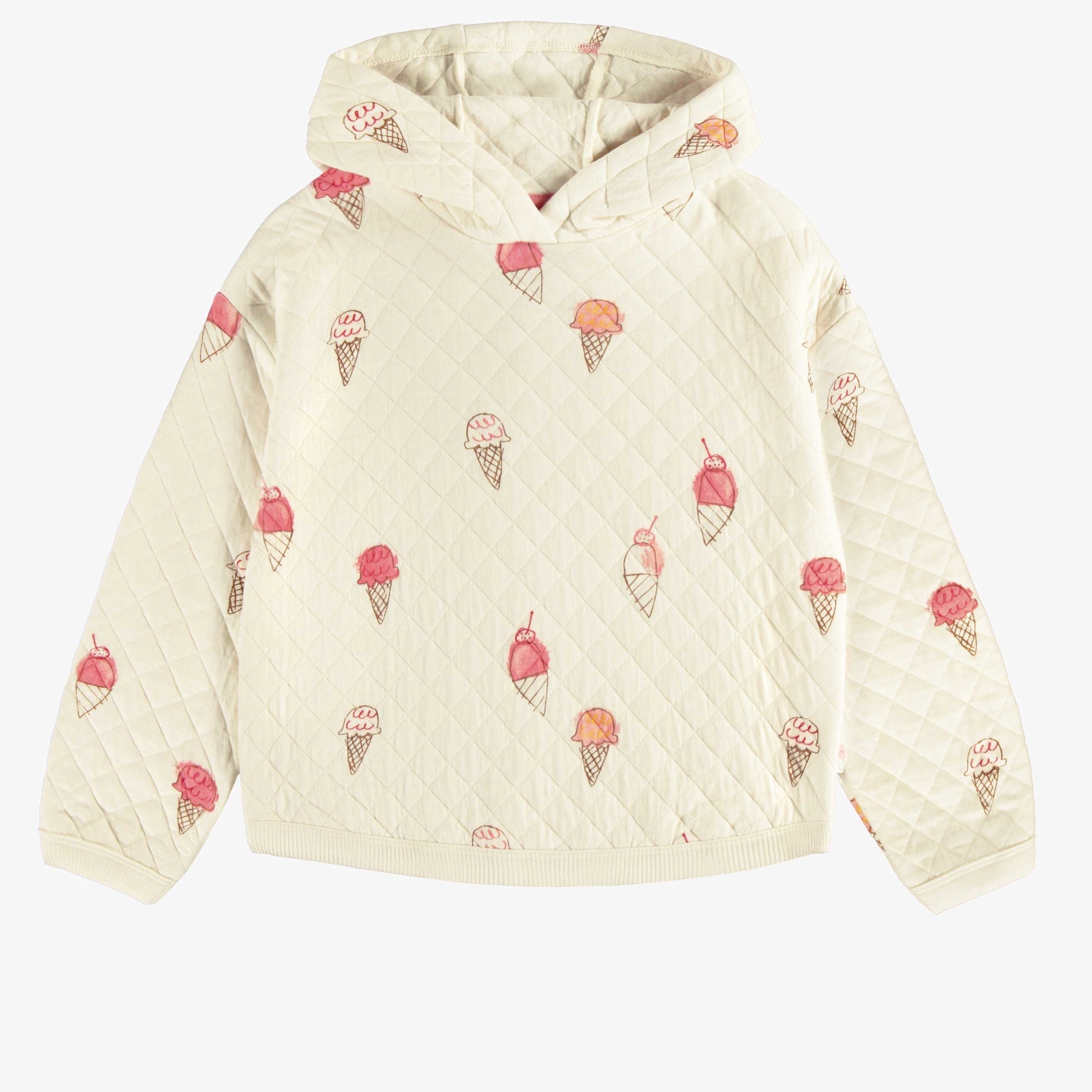 CREAM QUILTED HOODIE WITH ICE PRINT, CHILD