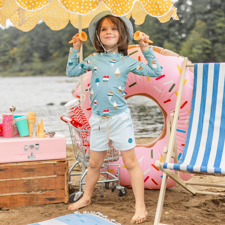 BLUE AND CREAM STRIPED SWIMMING SHORT, CHILD