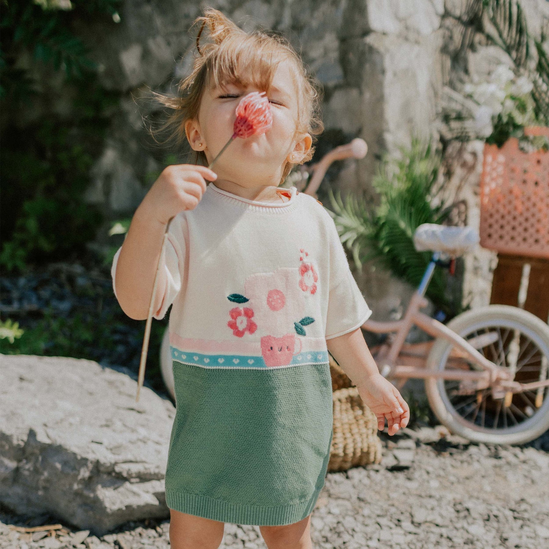 GREEN, CREAM AND CORAL FLORAL JACQUARD SHORT SLEEVE KNIT DRESS, BABY