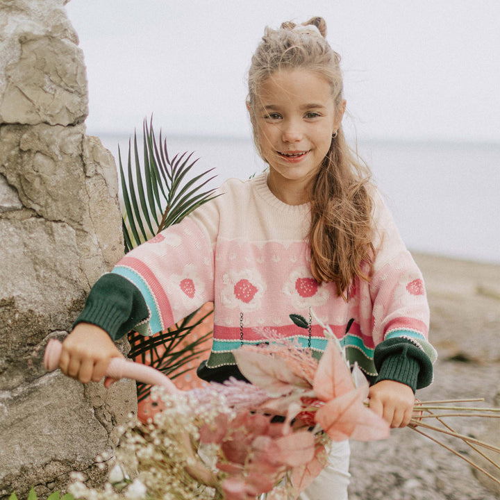 LONG SLEEVES KNITTED SWEATER GREEN, CREAM AND CORAL FLORAL JACQUARD PATTERN, CHILD