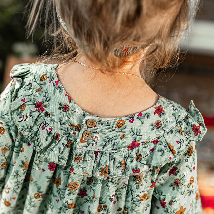 GREEN LONG SLEEVES DRESS WITH RUFFLE AND FLORAL PATTERN IN VISCOSE, BABY