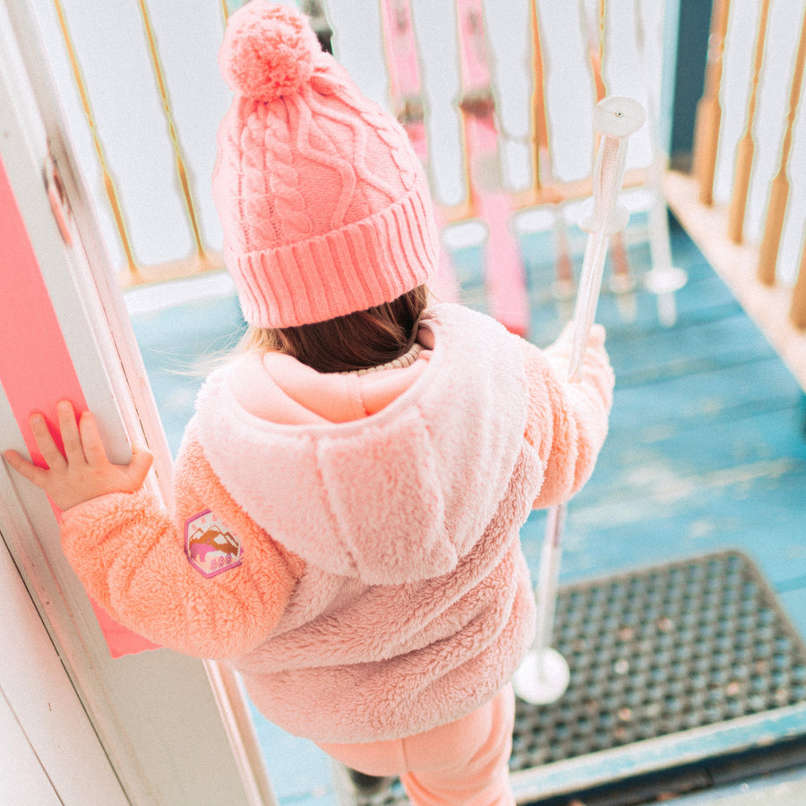 PINK COLOR BLOCK HOODED VEST IN SHERPA, BABY