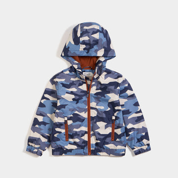 Vintage Blue Camo Print Kids Hooded Rain Jacket