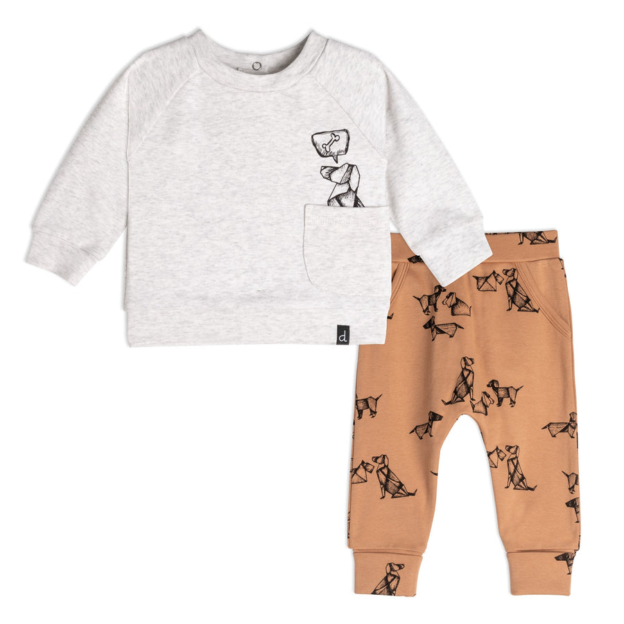 Organic Cotton Printed Dogs Top And Pant Set Beige Mix And Brown