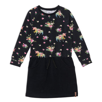 Unicorn Printed Raglan Long Sleeve Dress Black