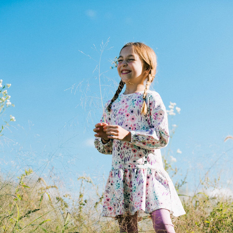 Printed Long Sleeve Dress Pink Watercolor Flowers