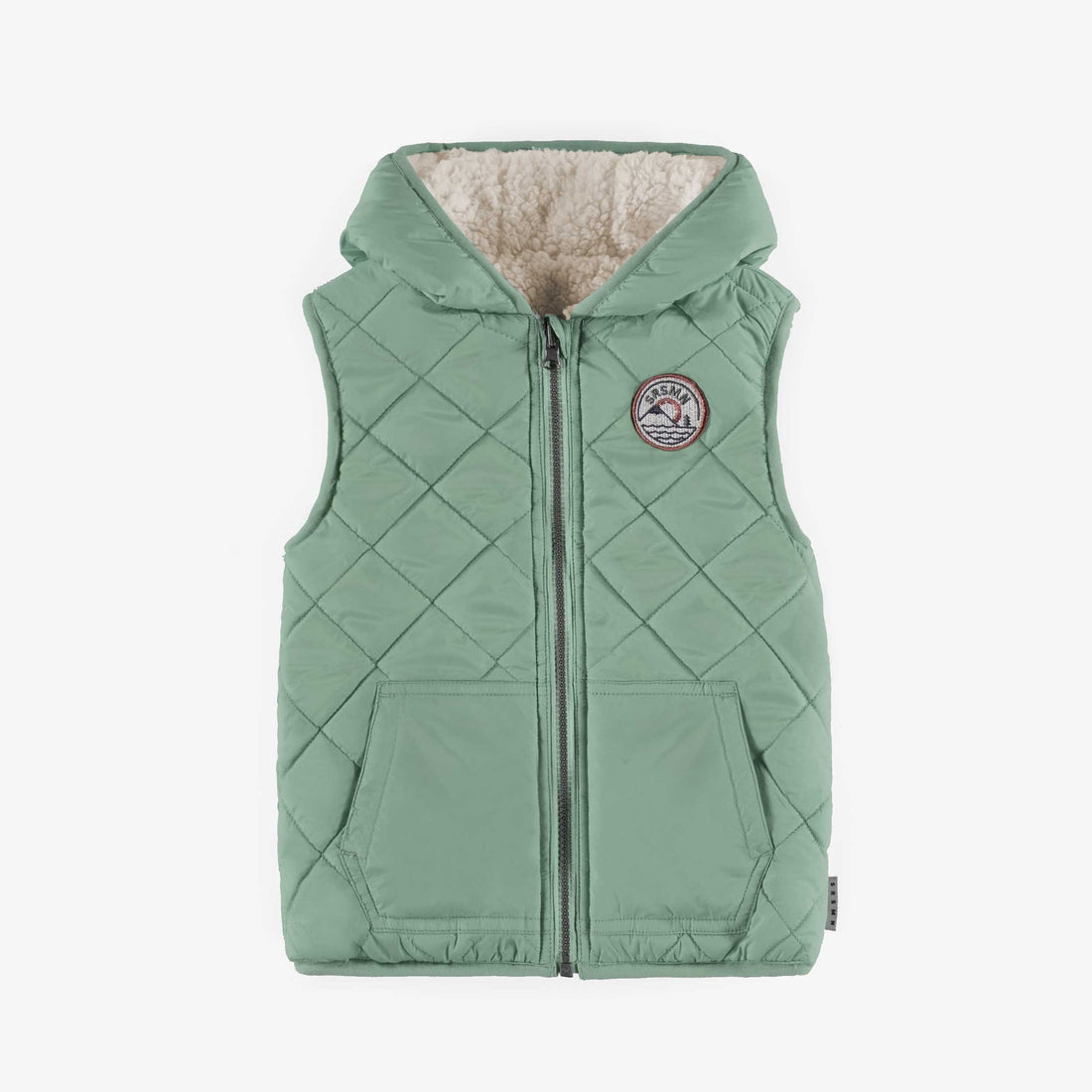 REVERSIBLE NO SLEEVE GREEN VEST IN NYLON AND SHERPA, CHILD