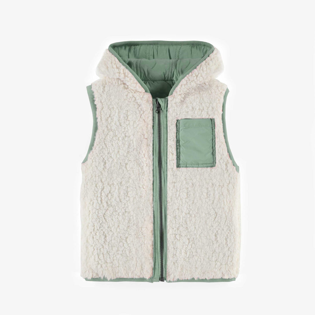 REVERSIBLE NO SLEEVE GREEN VEST IN NYLON AND SHERPA, CHILD