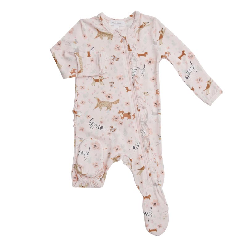 RUFFLE FRONT ZIPPER FOOTIE- FLORAL PUPS